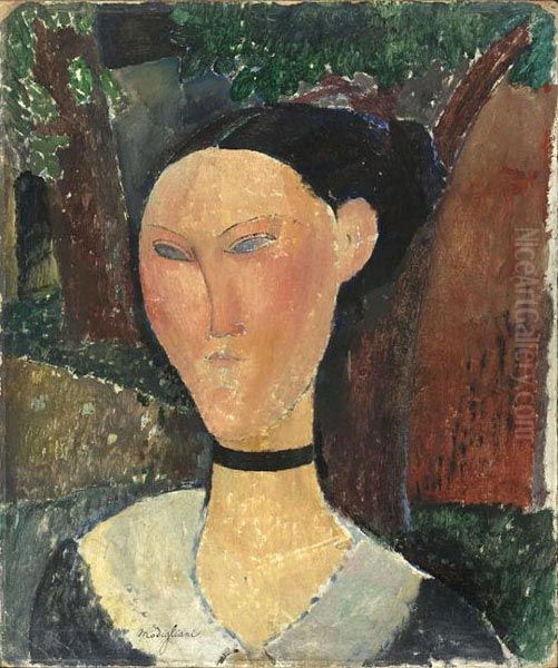 Woman with Velvet Ribbon Oil Painting by Amedeo Modigliani
