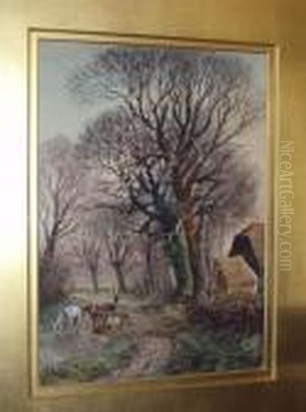 Horses With Cart Watering At A 
Ford On Awooded Path, With Farmer And Ducks By Farm Buildings Oil Painting by Henry Charles Fox