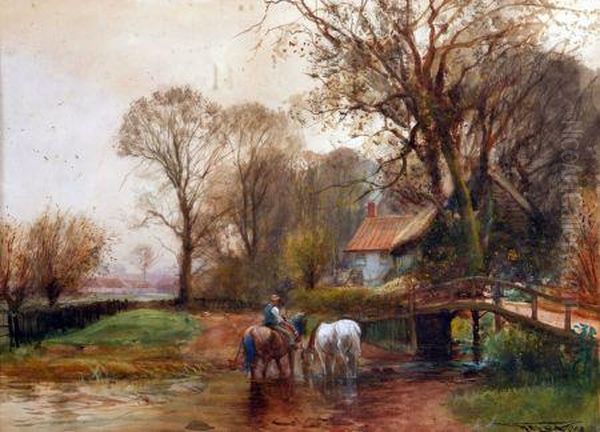 Figure With Horses Watering 
Cottage Beyond Oil Painting by Henry Charles Fox