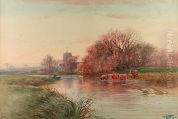 By The Stream, Evening Oil Painting by Henry Charles Fox