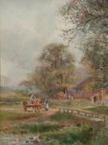 Figures With A Cart And Horse By A Stream With A Bridge Oil Painting by Henry Charles Fox