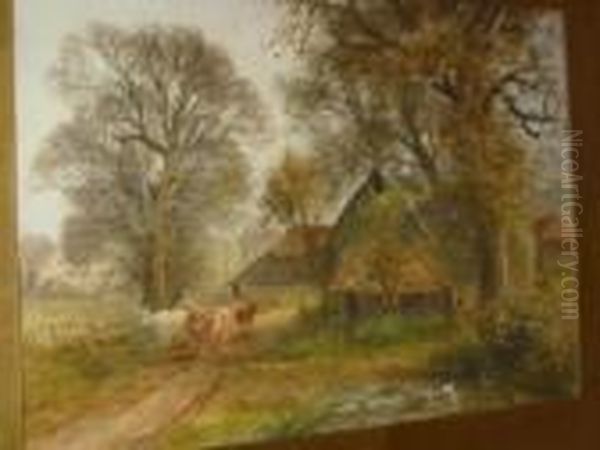Cattle And Drover By A Farmstead Oil Painting by Henry Charles Fox