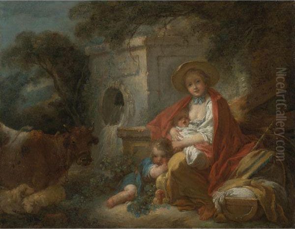 Peasant Girl With Two Children Oil Painting by Jean-Honore Fragonard