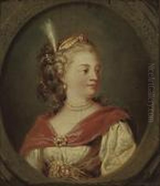 Portrait Of A Lady, Bust-length,
 In A White Dress And Red Wrap, Anda Plumed Headdress, In A Feigned Oval Oil Painting by Jean-Honore Fragonard