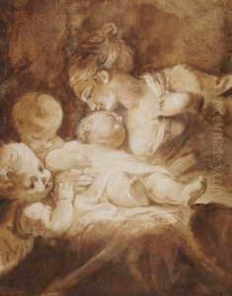 Junge Frau, Im Begriff, Ein Kind Zu
Stillen, Und Zwei Kleinkinder (madonna Mit Kind
 Und Zwei Engeln ?). Oil Painting by Jean-Honore Fragonard