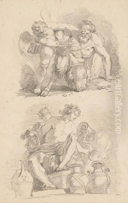 Cupid Fighting A Satyr And 
Mercury Seated On A Throne Lifting The Lid Of An Urn, After The Old 
Masters Oil Painting by Jean-Honore Fragonard