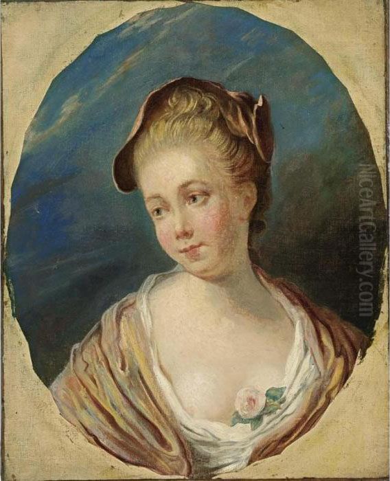 A Young Lady, Bust Length, 
Wearing A White Dress With A Rose, A Pink Shawl And Headdress, In A 
Painted Oval Oil Painting by Jean-Honore Fragonard