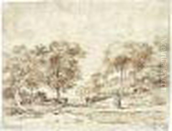 A Wooded Landscape, With A 
Cloaked Figure In The Foreground, A Small Party Seated Under The Trees 
To The Right And Two Tethered Mules Oil Painting by Jean-Honore Fragonard