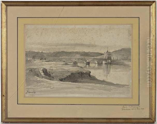 Francais Bord De Riviere Anime 
Pres D Un Pont Encre, Plume Et Lavis, Cachet De La Vente En Bas A 
Gauche. . 26.5 X 39 Cm Oil Painting by Francois Louis Francais