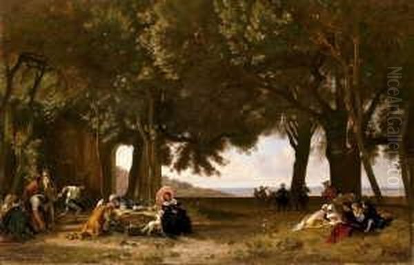 Gesellschaft Beim Boulespiel In Einem Park. Oil Painting by Francois Louis Francais