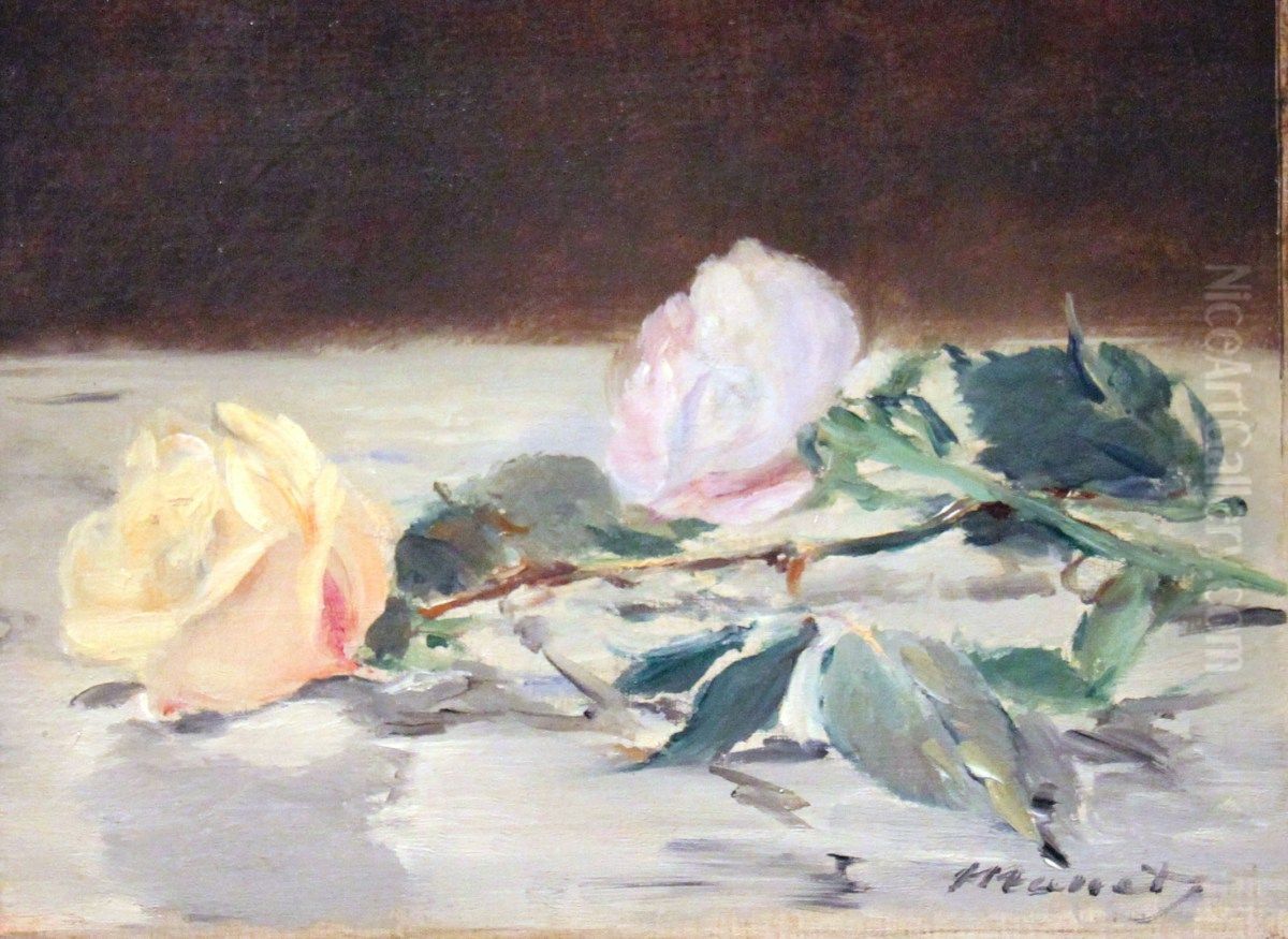 Two Roses On A Tablecloth Oil Painting by Edouard Manet