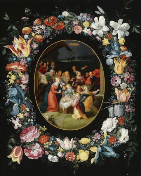 The Adoration Of The Shepherds 
Surrounded By A Garland Offlowers, Together With A Butterfly And A 
Dragonfly Oil Painting by Frans II Francken