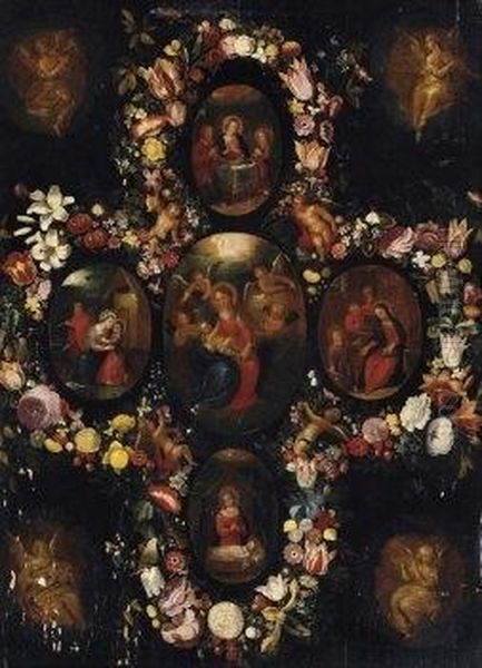 Five Medallions With Scenes From
 The Childhood Of Christ. The Corners Shows Angels Making Music In 
Brunaille Painting Oil Painting by Frans II Francken