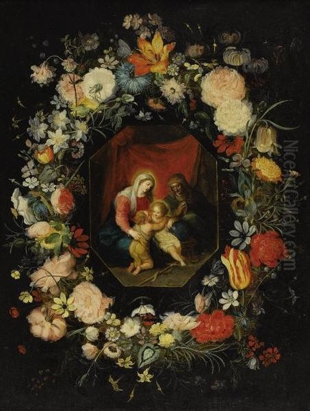 The Virgin And Child With Saint 
Anne And The Infant John The Baptist, Surrounded By A Garland Of Flowers Oil Painting by Frans II Francken