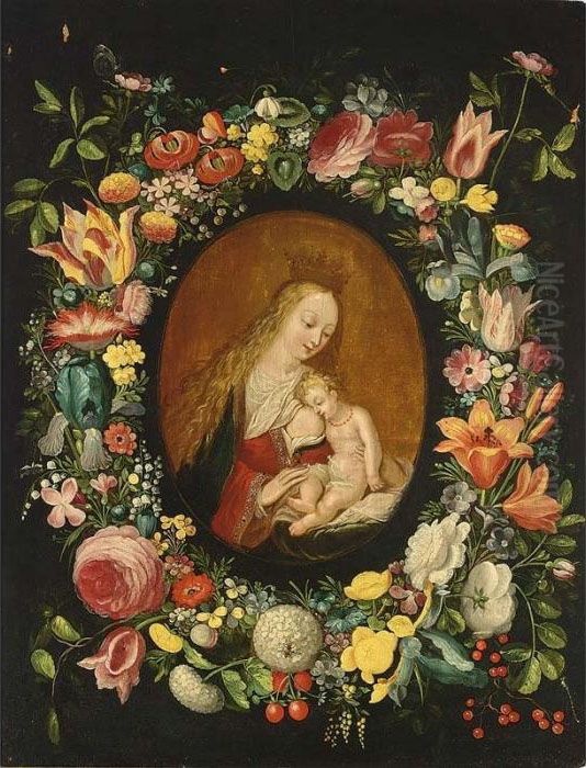 The Virgin And Child Surrounded 
By A Flower Garland With Roses, Tulips, Snowballs, Wallflowers, Irisses,
 An Opium Poppy, Pansies, Forget-me-nots, Red-turban-cup Lilies, Lilies,
 And Other Flowers Together With Raspberries And Red Berries Oil Painting by Frans II Francken