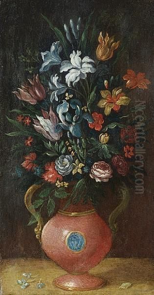 Irises, Roses, Tulips, Chrysanthemums And Other Flowers In An Earthenware Vase Oil Painting by Frans II Francken