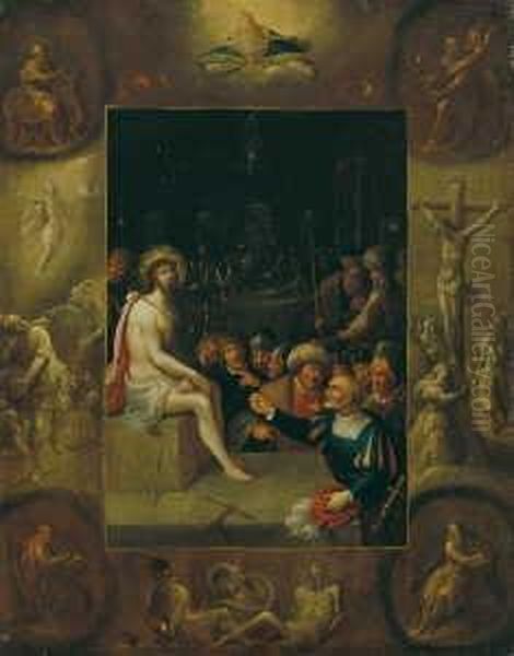 Die Verspottung Christi, Umgeben
 Von Grisaillen Mit Der Kreuzigung Und Der Auferstehung Christi, Mit 
Darstellungen Des Himmels, Der Holle Und Der Vier Evangelisten. Oil Painting by Frans II Francken