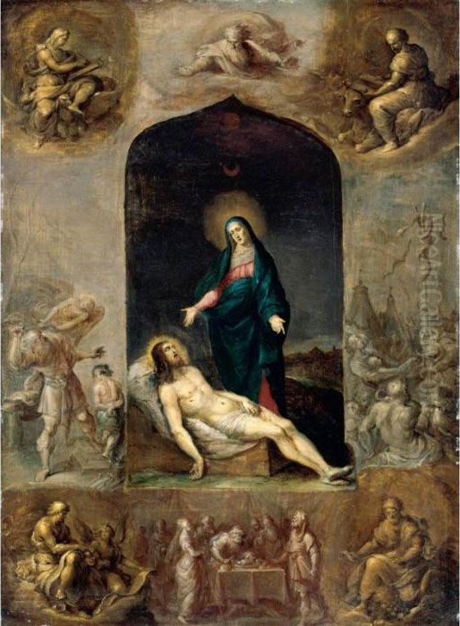 The Pieta Surrounded By The Four
 Evangelists, And Scenes From The Old Testament Including The Sacrifice 
Of Isaac And The Brazen Serpent Oil Painting by Frans II Francken