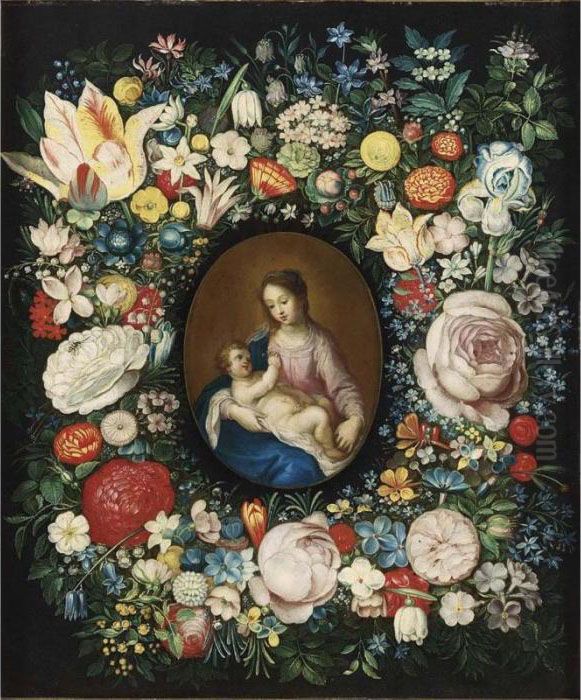 A Garland Of Roses, Tulips And 
Other Flowers Surrounding A Medallion Of The Virgin And Child Oil Painting by Frans II Francken