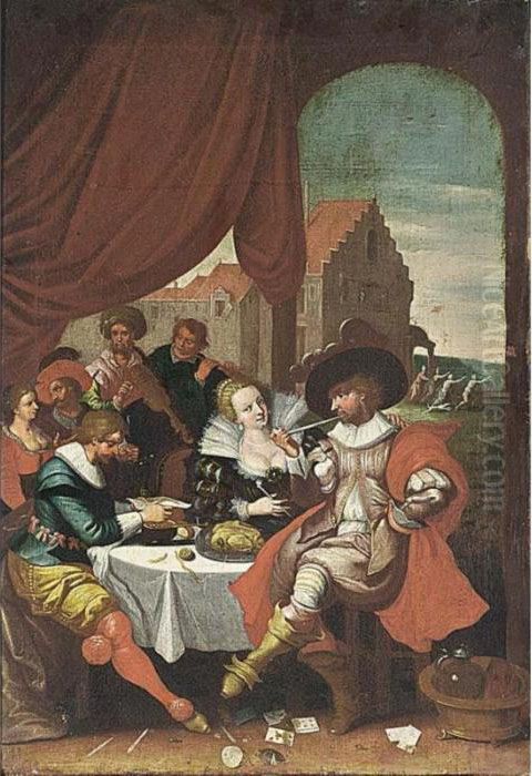 An Elegant Company Smoking And 
Listening To Music Around A Table, With A Scene Of The Prodigal Son In 
The Background Oil Painting by Frans II Francken