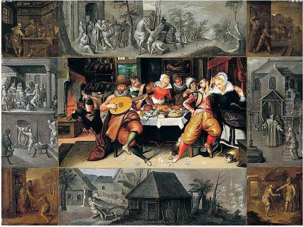 The Prodigal Son Feasting, 
Within A Border Representing Scenes From The Parable Of The Prodigal Son Oil Painting by Frans II Francken