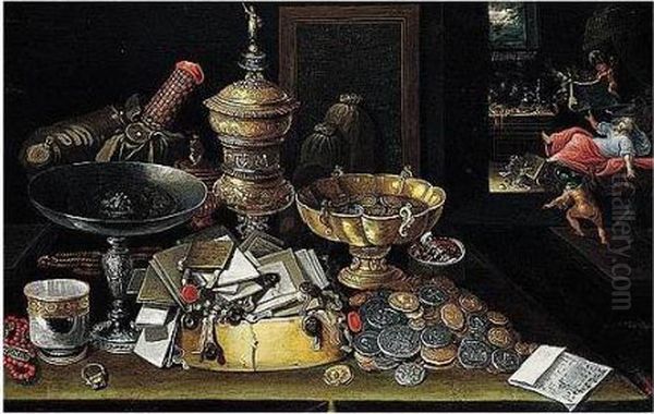 A Still Life Of Coins, Letters, A
 Silver Tazza, Gilt Vessels, Jewellery And A Silver Beaker Upon A Table,
 A Miser Haunted By Demons Beyond Oil Painting by Frans II Francken