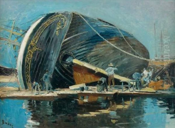 Scene De Chantier Naval, Trois-mats Au Carenage Oil Painting by Frank Myers Boggs