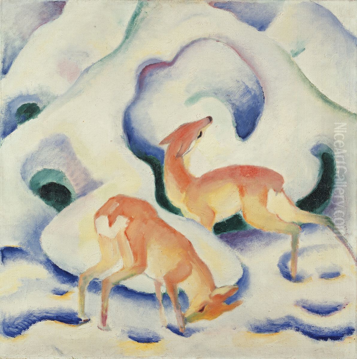 Deer In The Snow Oil Painting by Franz Marc