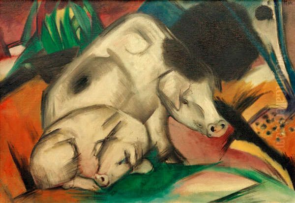 Pigs Oil Painting by Franz Marc