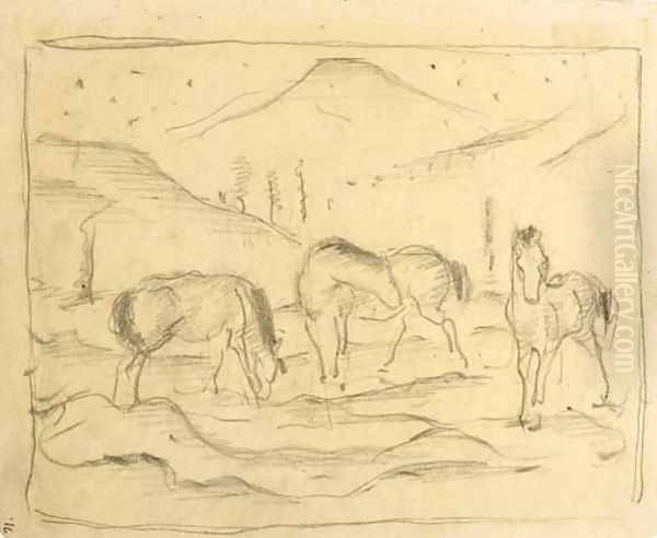 Drei Pferde in hageliger Landschaft Oil Painting by Franz Marc