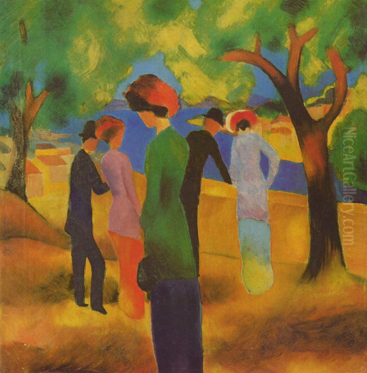 A Woman In Green Jacket Oil Painting by August Macke