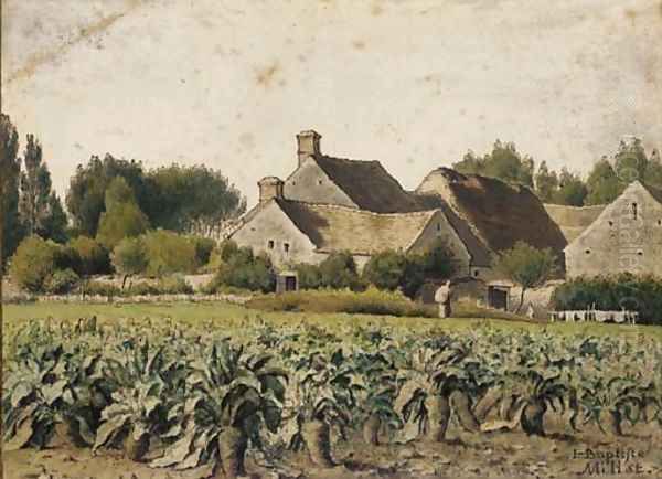 A landscape with a field of mangold wurzels, a hamlet with two figures beyond Oil Painting by Jean-Francois Millet