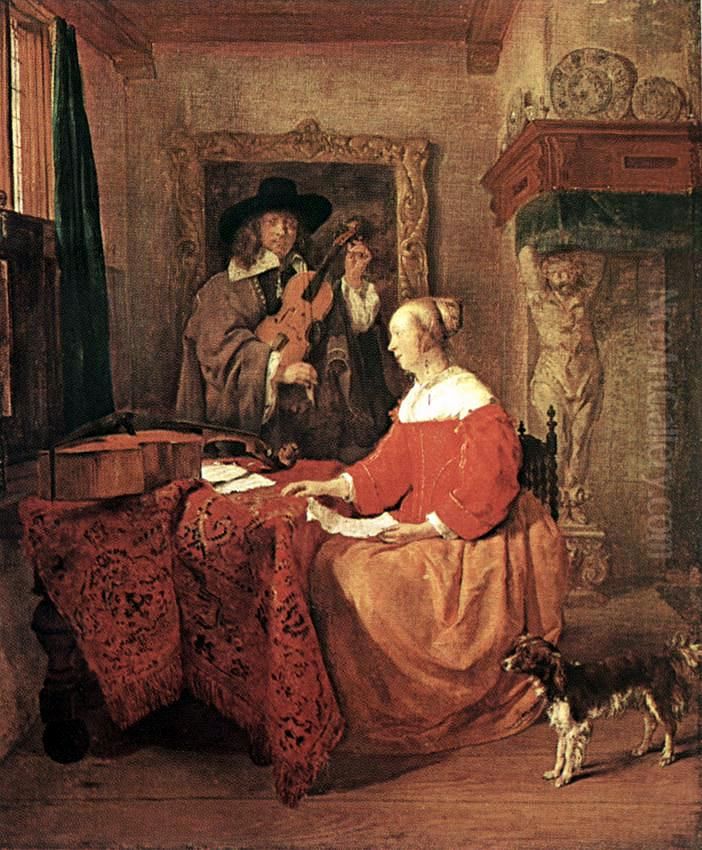 A Woman Seated at a Table and a Man Tuning a Violin Oil Painting by Gabriel Metsu