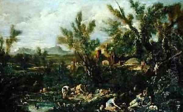 Landscape with Crockery Washers Oil Painting by Alessandro Magnasco