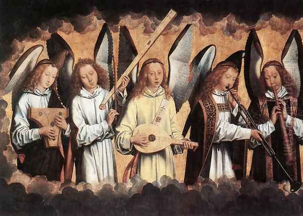 Angel Musicians (left panel) 1480s Oil Painting by (manner of) Memling, Hans