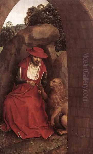 St Jerome and the Lion 1485-90 Oil Painting by (manner of) Memling, Hans