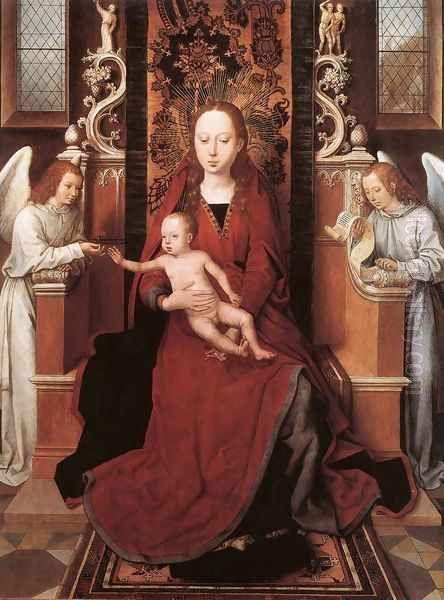 Virgin and Child Enthroned with Two Angels 1485-90 Oil Painting by (manner of) Memling, Hans