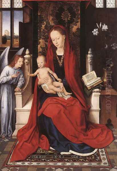 Virgin Enthroned with Child and Angel c. 1480 Oil Painting by (manner of) Memling, Hans