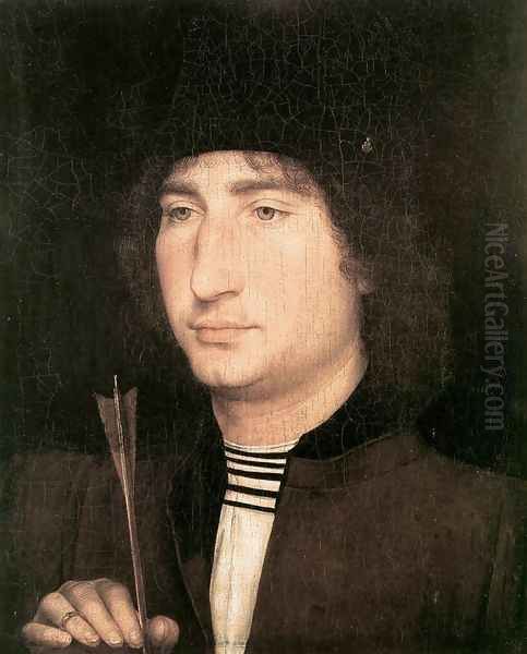 Portrait of a Man with an Arrow 1478-80 Oil Painting by (manner of) Memling, Hans