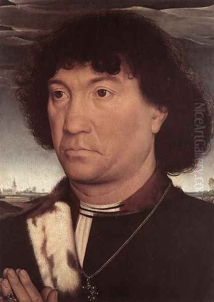 Portrait of a Man at Prayer before a Landscape c. 1480 Oil Painting by (manner of) Memling, Hans