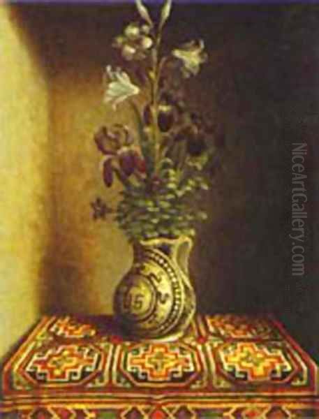 Still Life With A Jug With Flowers The Reverse Side Of The Portrait Of A Praying Man 1480-1485 Oil Painting by (manner of) Memling, Hans