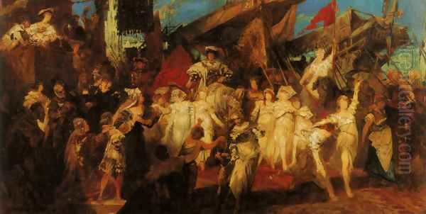 Der Einzug Karls V. in Antwerpen (Entwurf) (The Entry of Charles V. into Antwerp (Sketch)) Oil Painting by Hans Makart