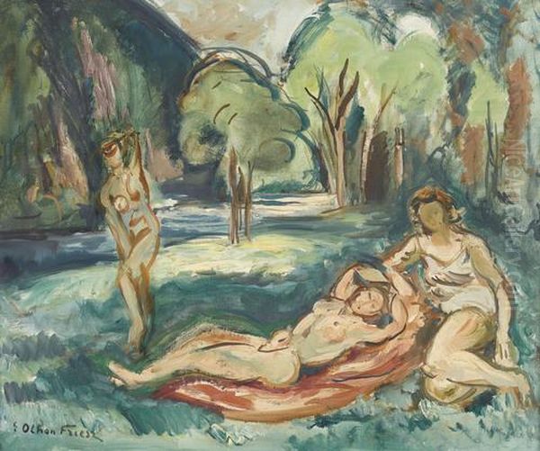 Trois Baigneuses Au Bord D'une Riviere. Oil Painting by Emile-Othon Friesz