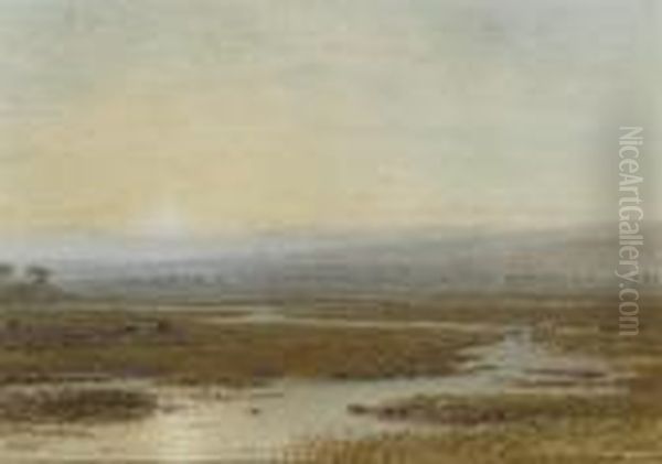 Cattle Grazing On The Banks Of A Meandering River At Sunset Oil Painting by George Arthur Fripp
