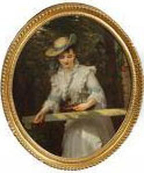 A Young Lady Wearing A White 
Dress And Straw Hat With Green Ribbon And Carrying A Basket, Standing 
Before Woodland Oil Painting by William Powell Frith
