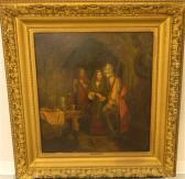 Scottish Scene Of A Man Inhelmet Wearing A Red Cape, 
Walking To A Woman At Center Inlong Spartan Shawl, 
Young Woman In Red And Black Shawl Toleft Oil Painting by William Powell Frith