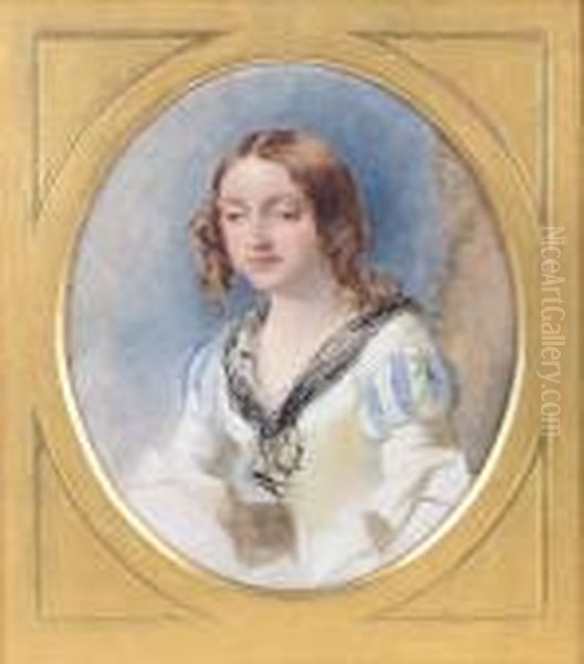 Study Of A Girl, Half Length In A
 White Dresswith Blue Striped Sleeves And A Black Lace Scarf Oil Painting by William Powell Frith