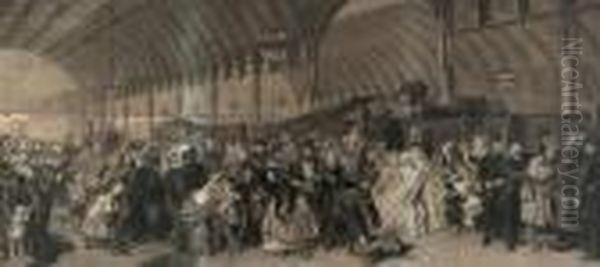 The Railway Station 
Engraving By Francis Holl Oil Painting by William Powell Frith