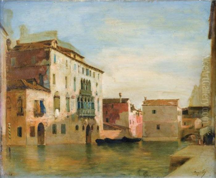 Vue D'un Canal A Venise [ ; View
 Of A Canal In Venice ; Oil On Panel Signed Lower Right Eug.fr] Oil Painting by Eugene Fromentin
