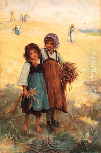 Young girls at the edge of a cornfield Oil Painting by Frederick Morgan